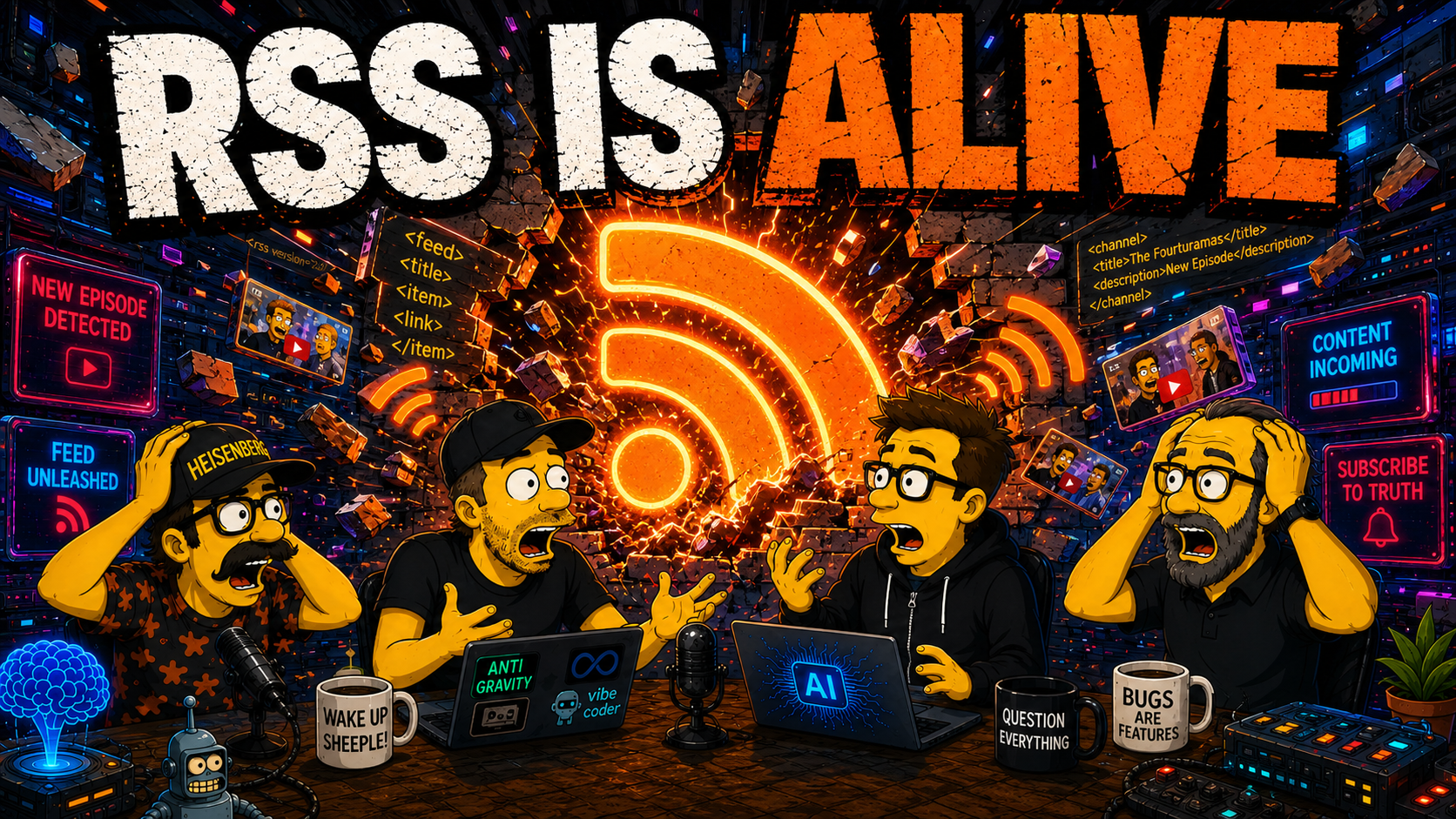 The Fourturamas hosts with an RSS icon exploding through the wall behind them